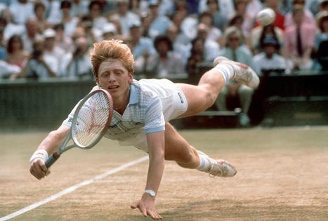 Boris Becker tirándose a por una pelota en la red